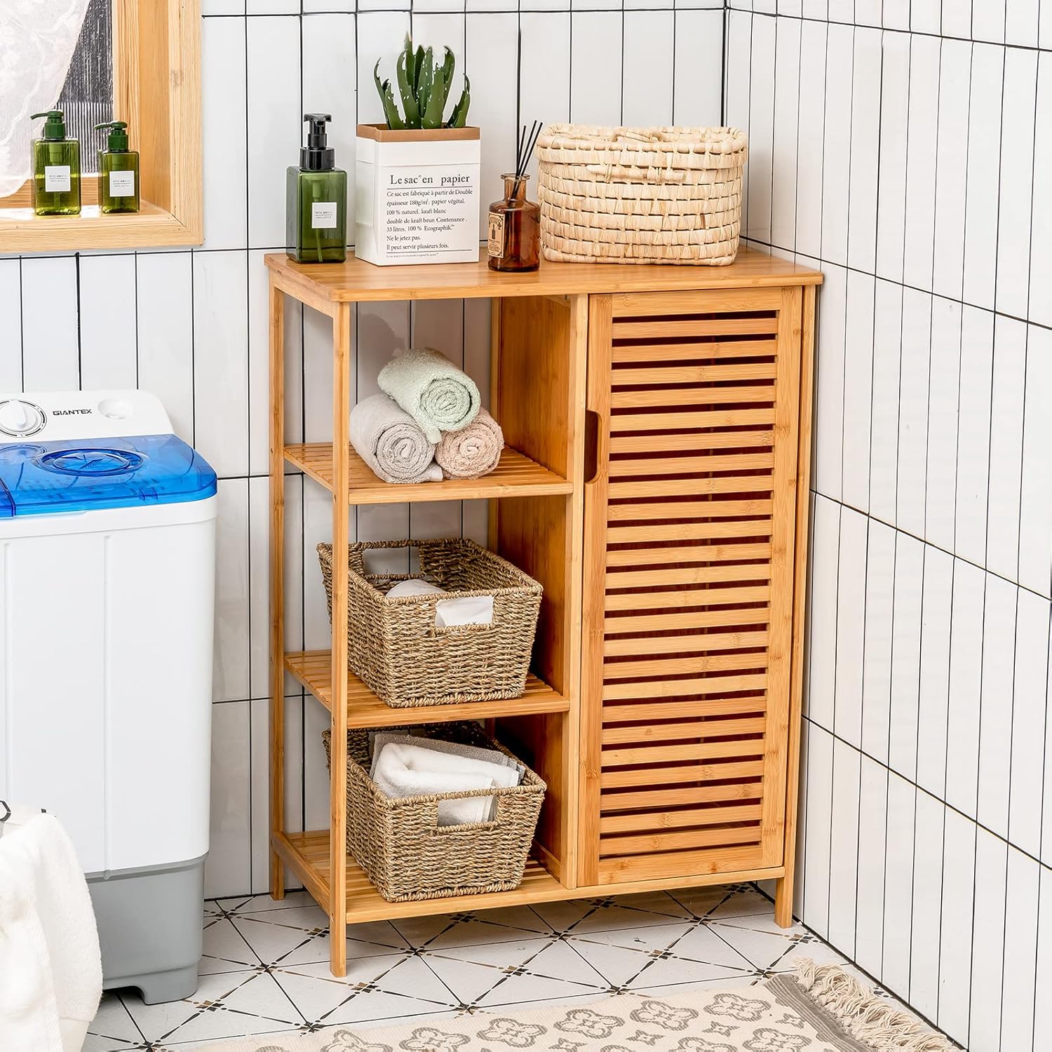 giantex bamboo storage cabinet in bathroom